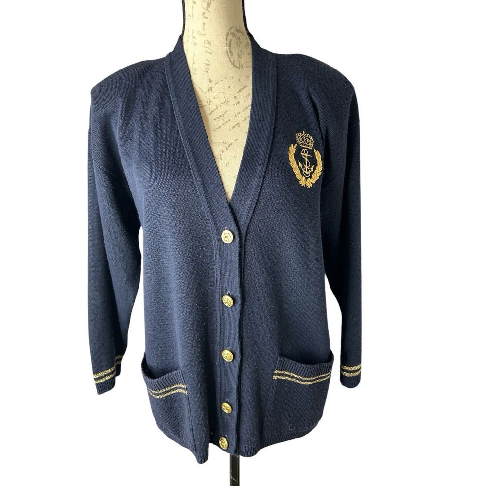 Vtg BAY‎ POINT THREADS Nautical embroidered gold crest Navy Cardigan Sweater Med